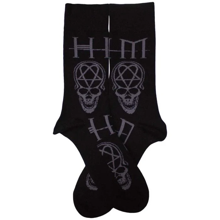 HIM - Black Crew Socks (Fits Sizes 7 to 11) - Heartagram, Skull & Logo