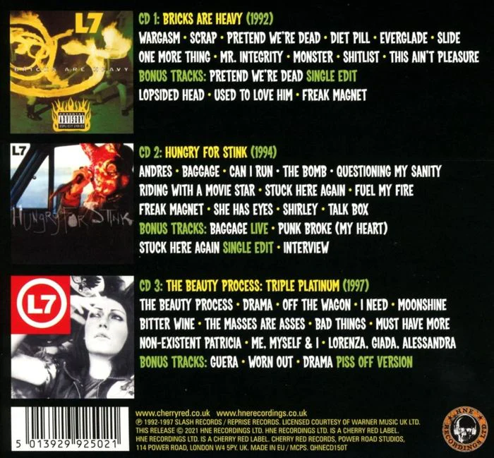L7 - Wargasm: The Slash Years 1992-1997 (Bricks Are Heavy/Hungry For Stink/The Beauty Process: Triple Platinum) (3CD) - CD - New - Image 2