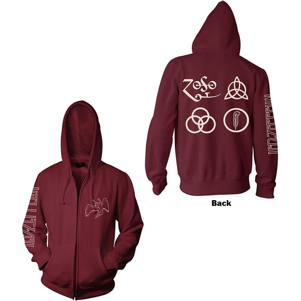 Led Zeppelin - Zip Maroon Hoodie (Symbols) - 100% Official Merchandise