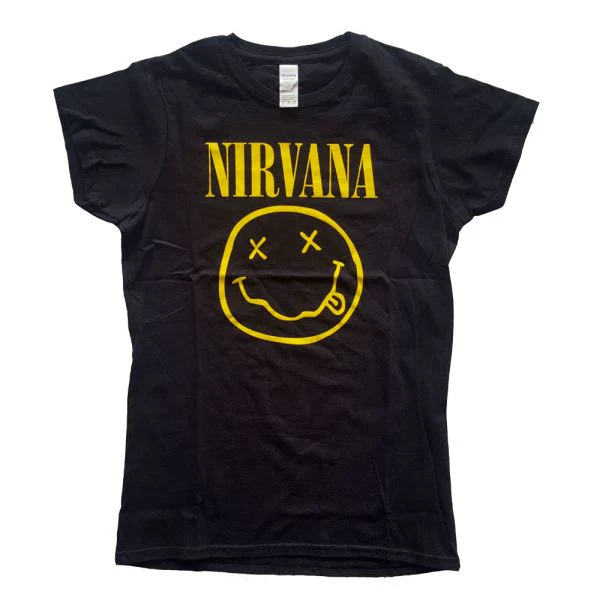 Nirvana - Smiley (no Back Print) Womens Fitted Black Shirt - 100% Official Merchandise