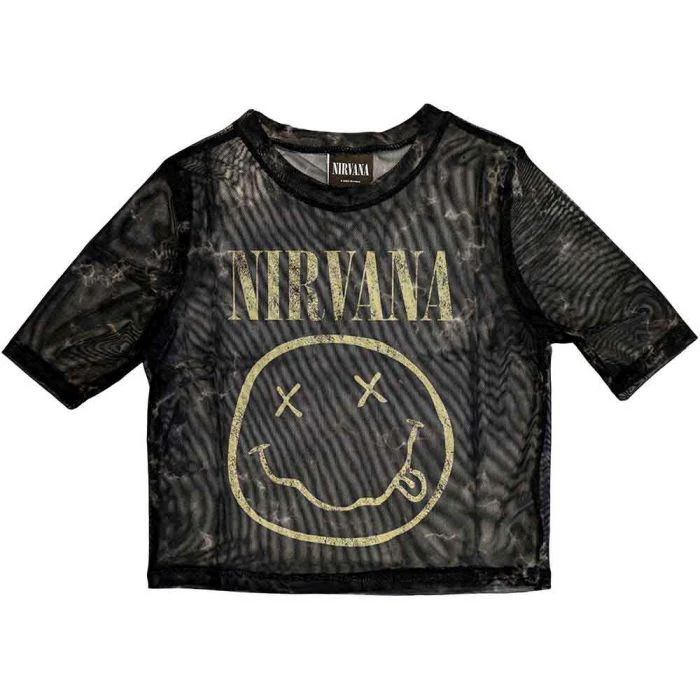 Nirvana - Smiley Womens Fitted Black Mesh Crop Top - 100% Official Merchandise