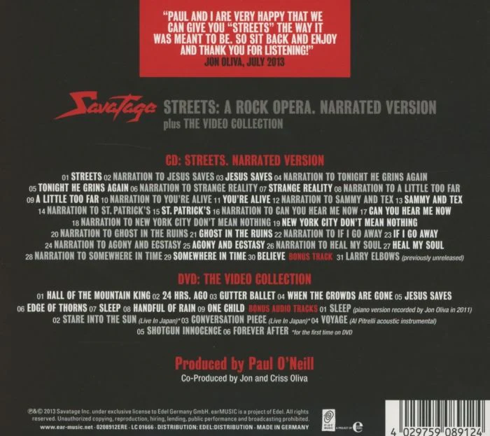Savatage - Streets: A Rock Opera - Narrated Version (CD/DVD with bonus track) - CD - New - Image 2